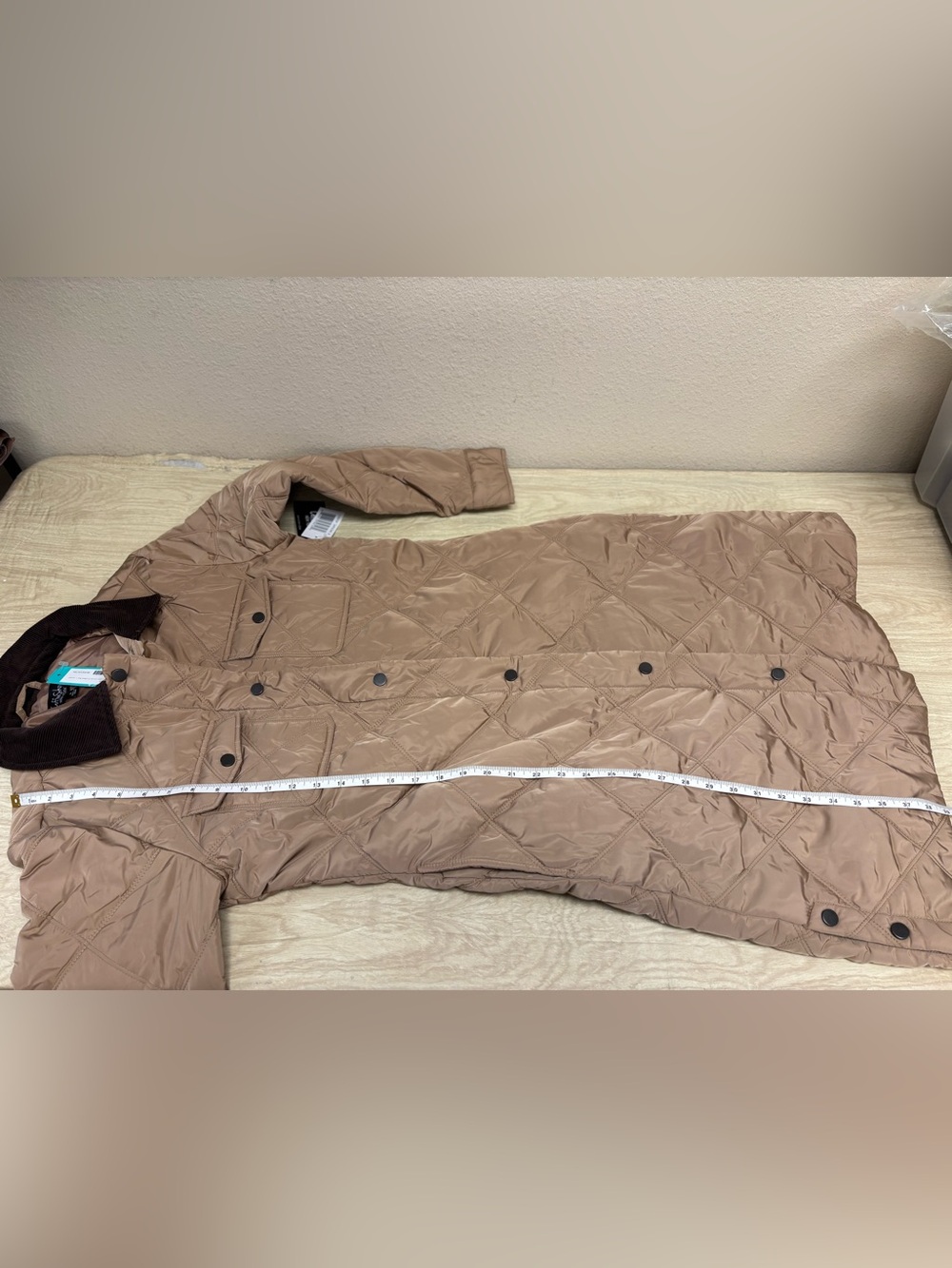 CoffeeShop Corduory Collar Long Quilted Barn Jacket, Tan - Medium